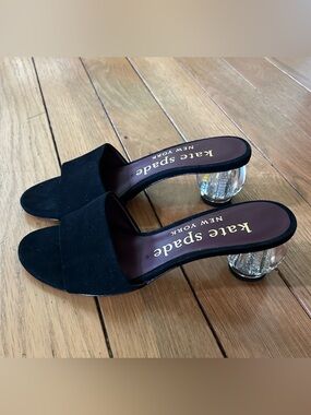 kate spade Black Suede Slide Mules Clear Round Heel Polished Slide Sandals 6B